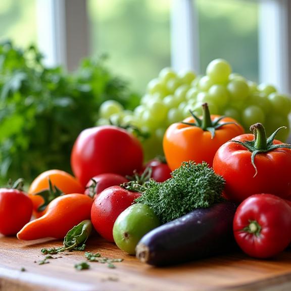 Свежие овощи и сезонные продукты на кухонном столе